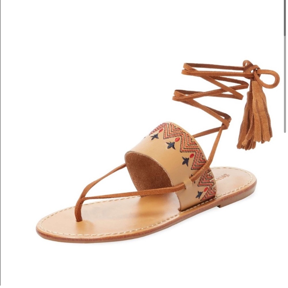 NEW Soludos Leather Embroidered Tassel Flat Sandal